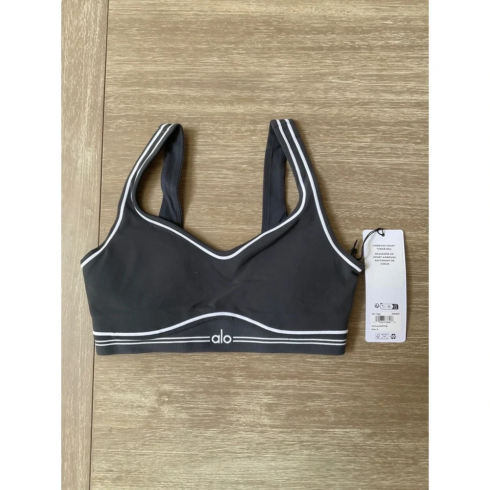 Alo Yoga Airbrush Heart Throb Bra Anthracite White Size Small New With Tags